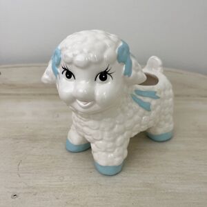 Vintage Blue White Ceramic Lamb Sheep Planter Decoration Nursery Baby Cute
